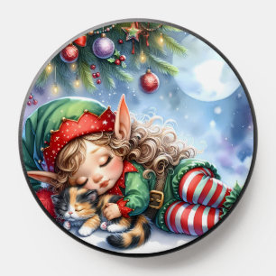 Sleeping Christmas Elf with Calico Kitten PopSocket