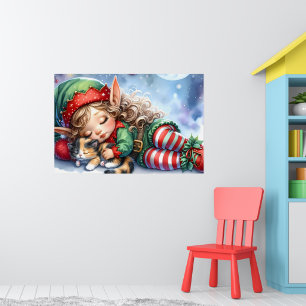 Sleeping Christmas Elf with Calico Kitten Poster