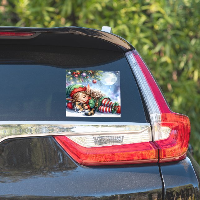 Sleeping Christmas Elf with Calico Kitten Sticker (Car Side)
