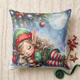 Sleeping Christmas Elf with Calico Kitten Throw Pillow