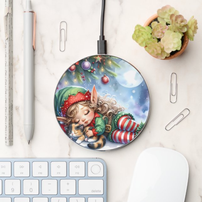 Sleeping Christmas Elf with Calico Kitten Wireless Charger (Desk)