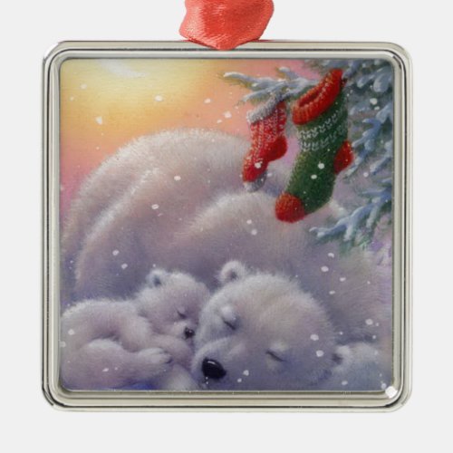 Sleeping Christmas Polar Bears Metal Ornament