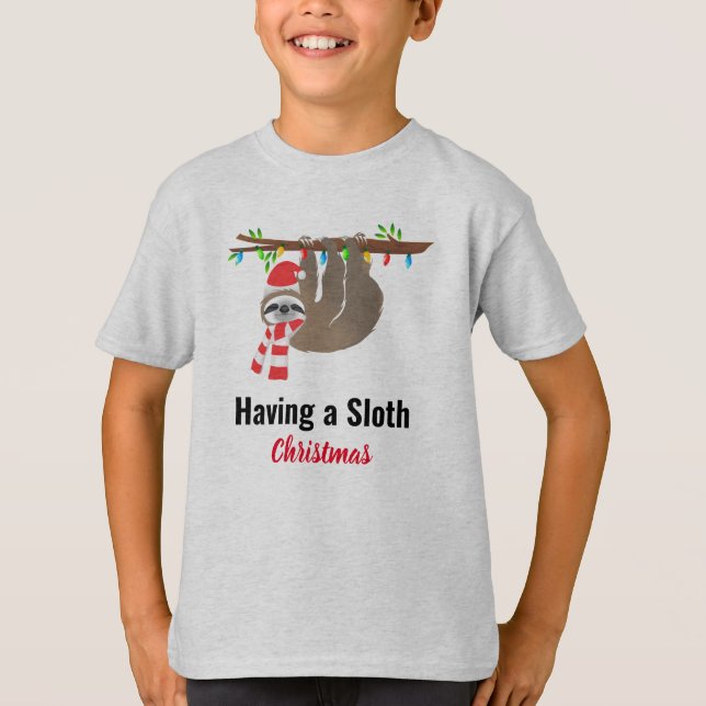 Sleeping Christmas Sloth Hanging from a Branch T-Shirt (Front)