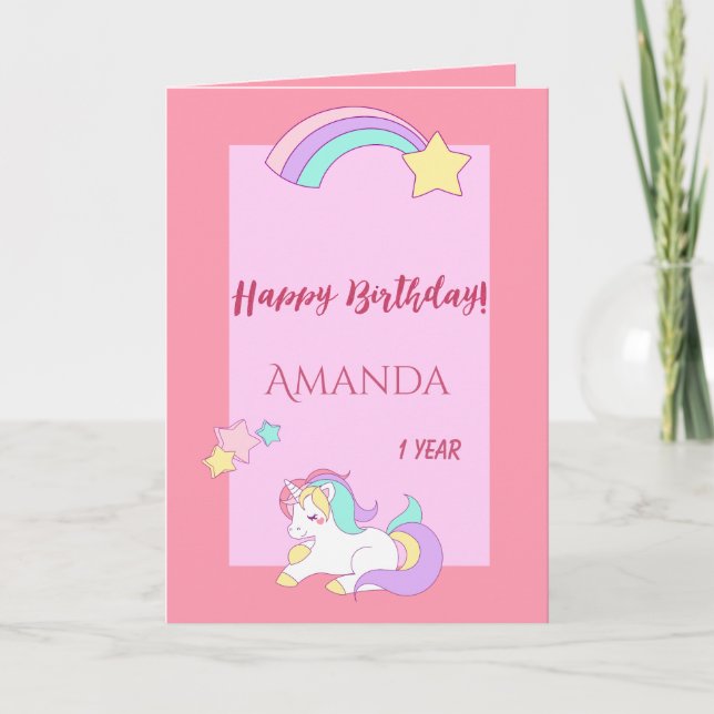 Sleeping cute unicorn happy magical 1st birthday card (Front)