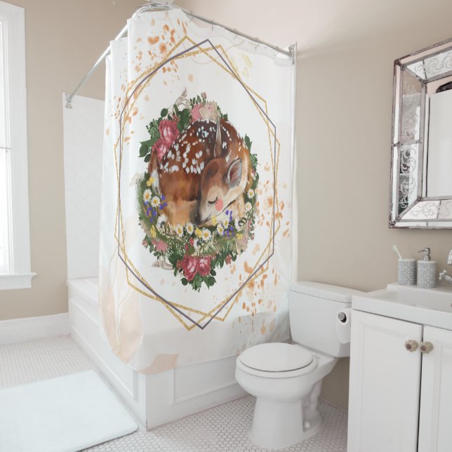 Sleeping Dazzling Fawn, Brown Animal Floral Art Shower Curtain (In Situ)