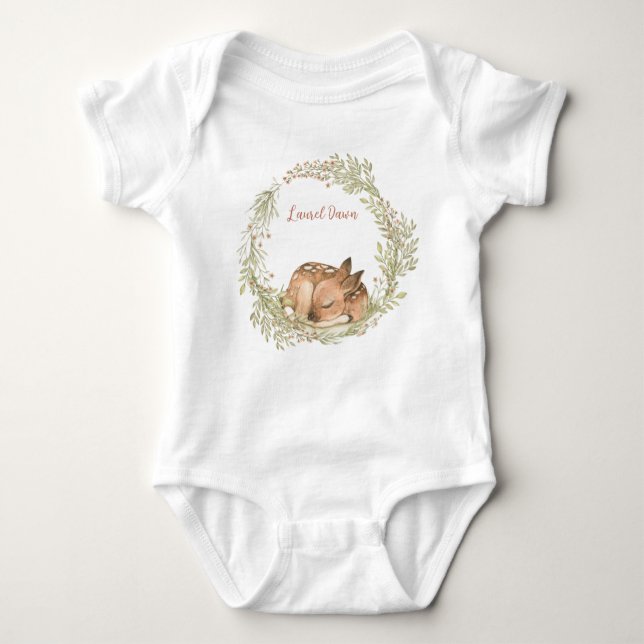 Sleeping Deer Fawn Spring Leaf Wreath Baby Bodysui Bodysuit (Front)