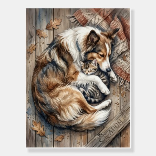 Sleeping Dog And Cat Cuddling Cozy Wood Background Foam Board