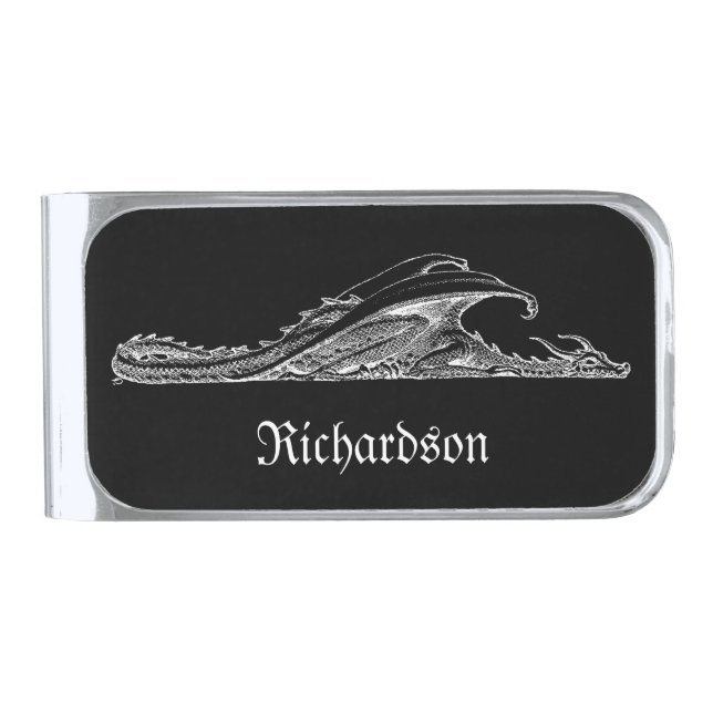 Sleeping Dragon Personalized Silver Finish Money Clip (Front)