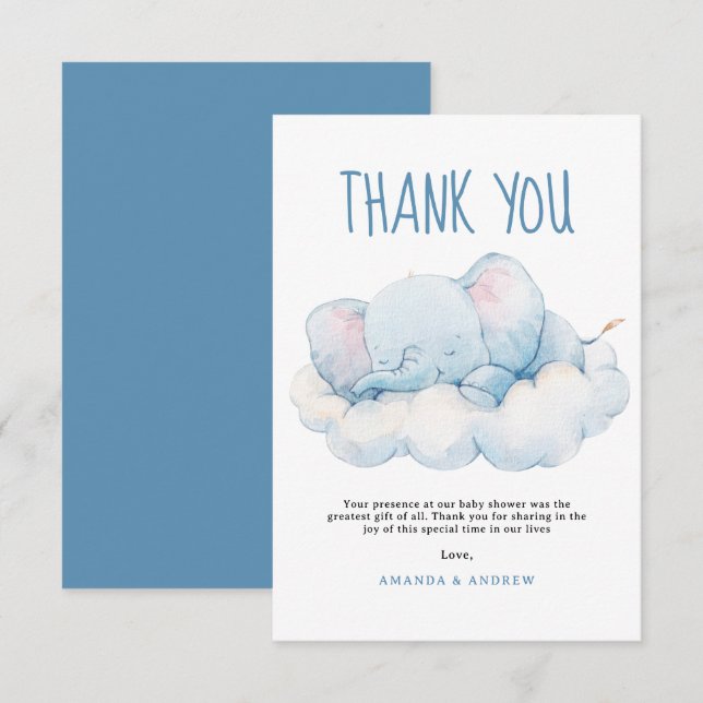 Sleeping Elephant Baby Shower, Boy Baby Shower Thank You Card (Front/Back)