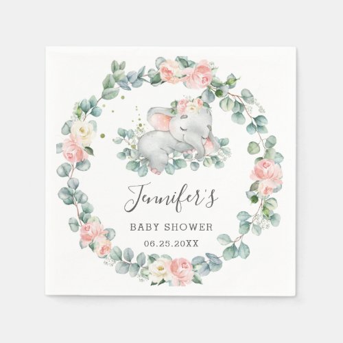 Sleeping Elephant Baby Shower Pink Floral Greenery Napkins