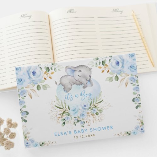 Sleeping Elephant Blue Floral Boy Baby Shower Guest Book