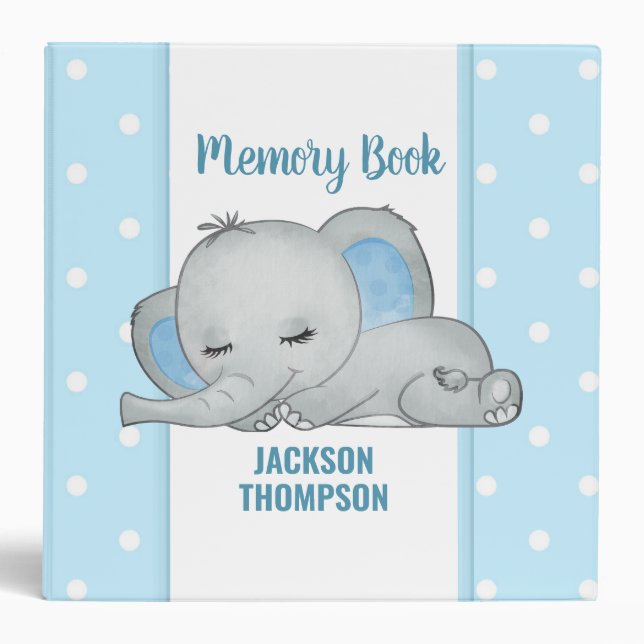 Sleeping Elephant Blue Hearts Boy Memory Book   3 Ring Binder (Front)