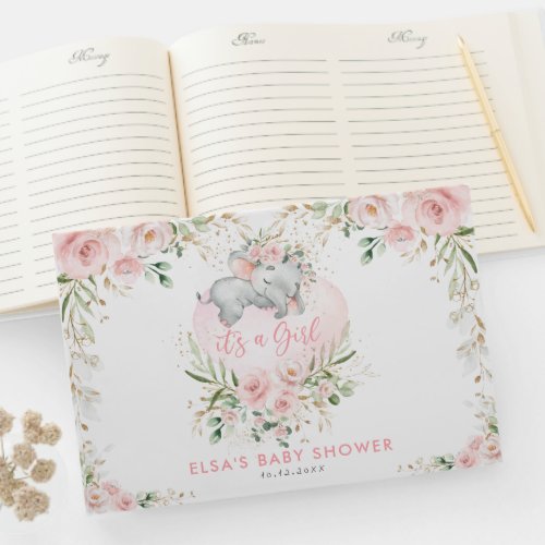 Sleeping Elephant Blush Pink Floral Baby Shower Guest Book