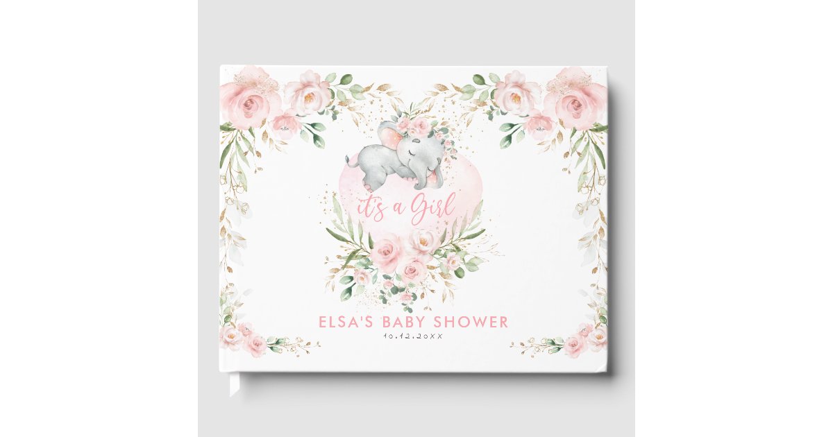 Sleeping Elephant Blush Pink Floral Baby Shower Guest Book | Zazzle