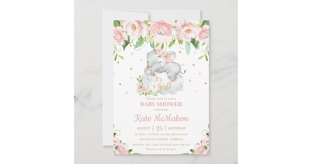 Sleeping Elephant Blush Pink Floral Baby Shower Invitation | Zazzle