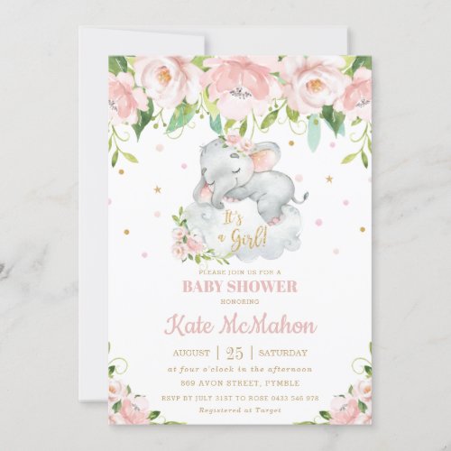 Sleeping Elephant Blush Pink Floral Baby Shower Invitation
