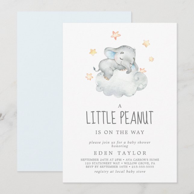 Sleeping Elephant Boy Little Peanut Baby Shower Invitation (Front/Back)