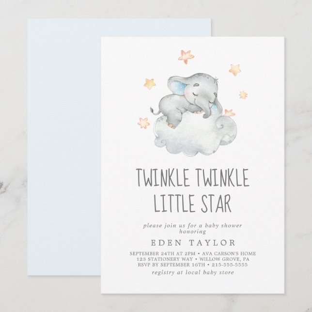 Sleeping Elephant Boy Twinkle Twinkle Little Star Invitation (Front/Back)