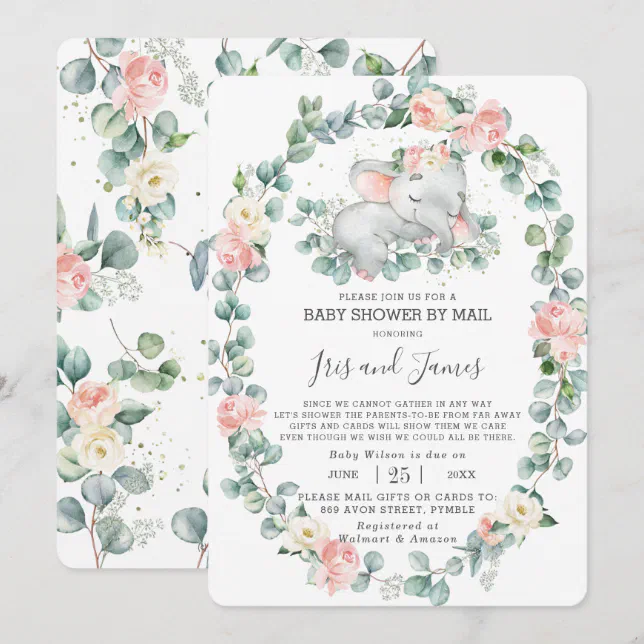 Sleeping Elephant Floral Baby Shower by Mail Girl Invitation | Zazzle