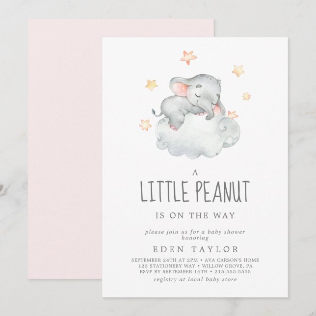 Sleeping Elephant Girl Little Peanut Baby Shower Invitation (Front/Back)