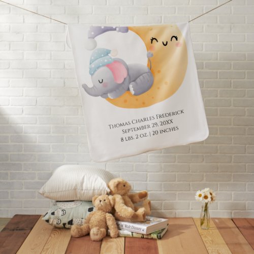 Sleeping Elephant in Moon Personalized Birth Stats Baby Blanket