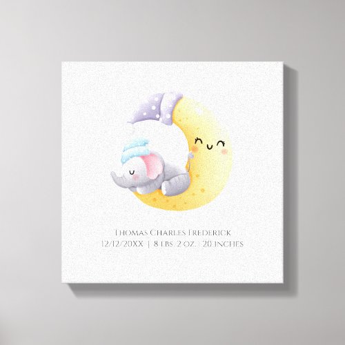 Sleeping Elephant in Moon Personalized Birth Stats Canvas Print