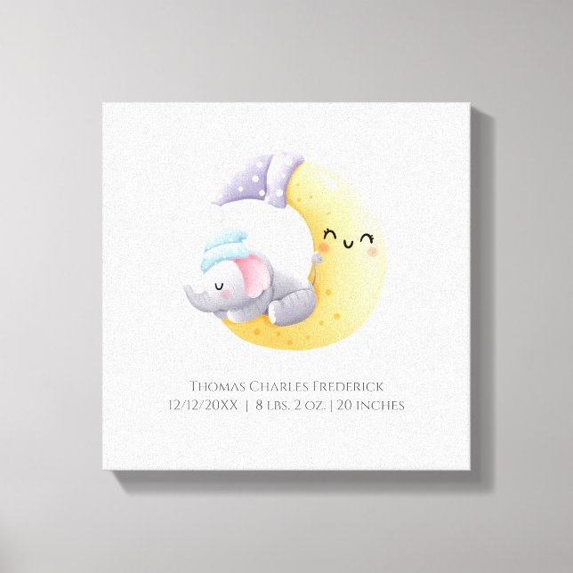 Sleeping Elephant in Moon Personalized Birth Stats Canvas Print (Front)