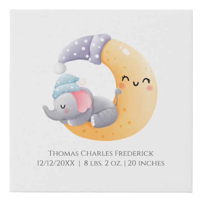 Sleeping Elephant in Moon Personalized Birth Stats Faux Canvas Print (Front)