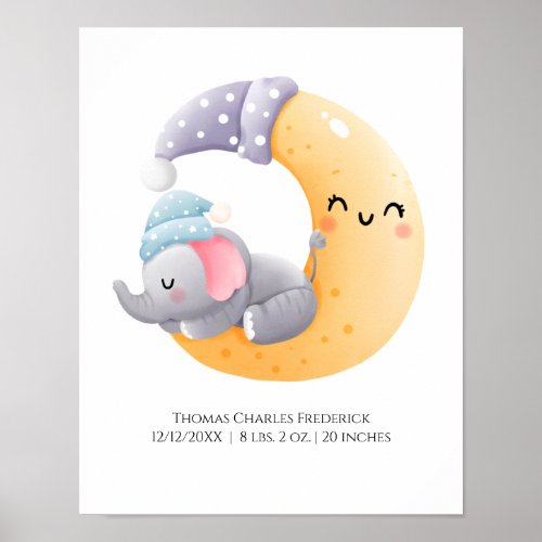 Sleeping Elephant in Moon Personalized Birth Stats Poster