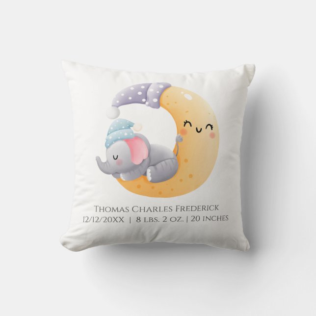 Sleeping Elephant in Moon Personalized Birth Stats Throw Pillow (Front)