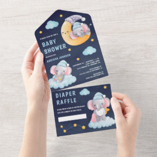 Sleeping Elephant on Moon Navy Blue Baby Shower All In One Invitation