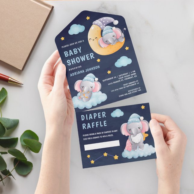 Sleeping Elephant on Moon Navy Blue Baby Shower All In One Invitation (Creator Uploaded)