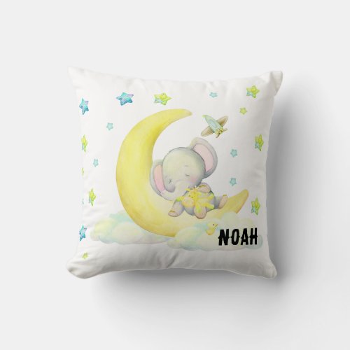 Sleeping Elephant on Moon with Stars Throw Pillow