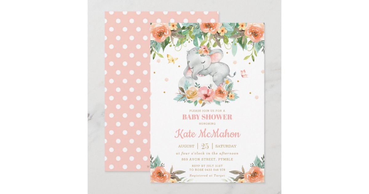 Sleeping Elephant Peach Pink Floral Baby Shower Invitation | Zazzle