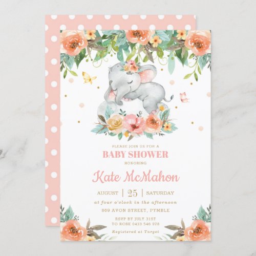 Sleeping Elephant Peach Pink Floral Baby Shower Invitation