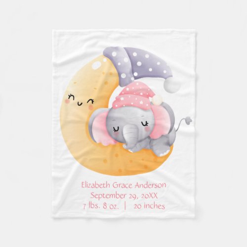 Sleeping Elephant Pink Girl Crescent Moon Baby Fleece Blanket