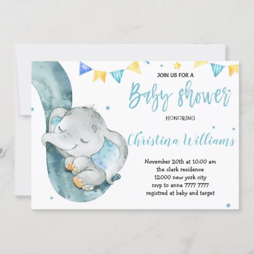 Sleeping Elephant Twinkle Cute Boy Baby Shower Invitation