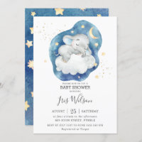 Sleeping Elephant Twinkle Star Baby Shower Boy Invitation