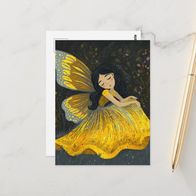 Sleeping Fairy in a Yellow Dress Postcard (Front/Back In Situ)
