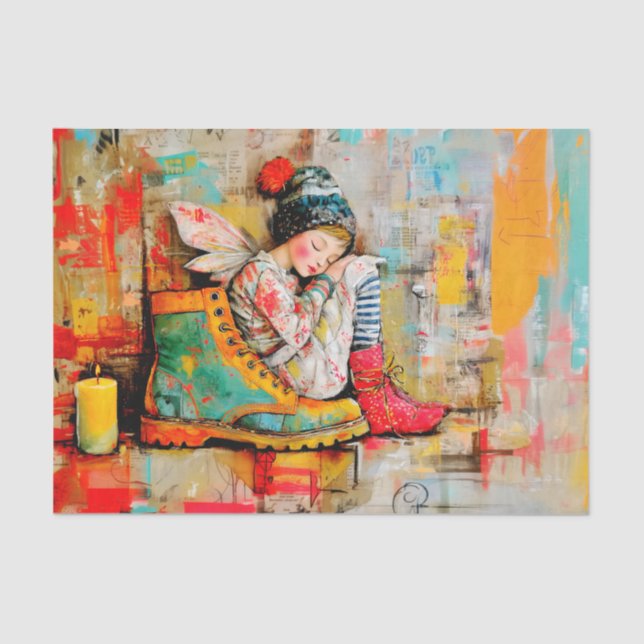 Sleeping Fairy in Whimsical Boot FH4R Decoupage Tissue Paper (Front)