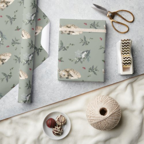 Sleeping Fawn and Winter Flora Sage Wrapping Paper