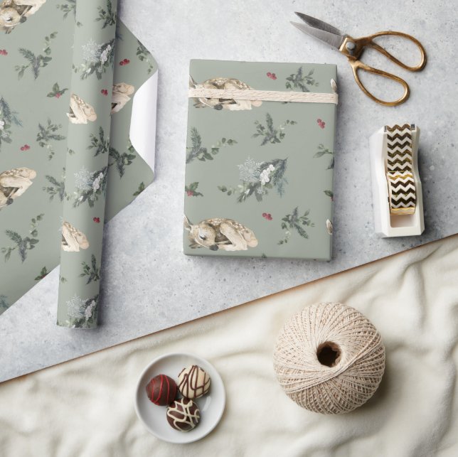 Sleeping Fawn and Winter Flora Sage Wrapping Paper (Crafts)