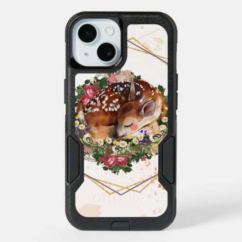 Sleeping Fawn Brown Animal Floral Art iPhone 15 Case