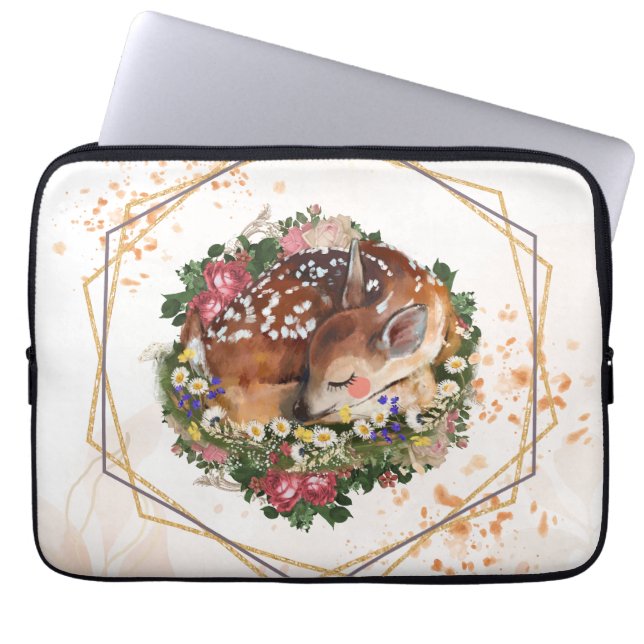Sleeping Fawn, Stylized Brown Animal Illustration Laptop Sleeve (Front)