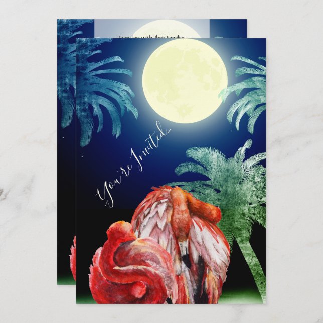 Sleeping Flamingos and Moon Tropical Beach Wedding Invitation (Front/Back)