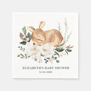Sleeping Forest Deer White Floral Greenery Fawn Napkins