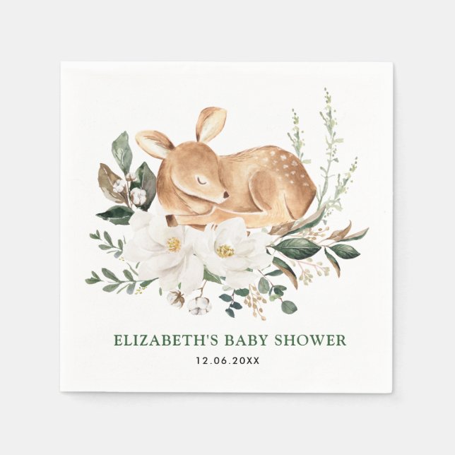 Sleeping Forest Deer White Floral Greenery Fawn Napkins (Front)