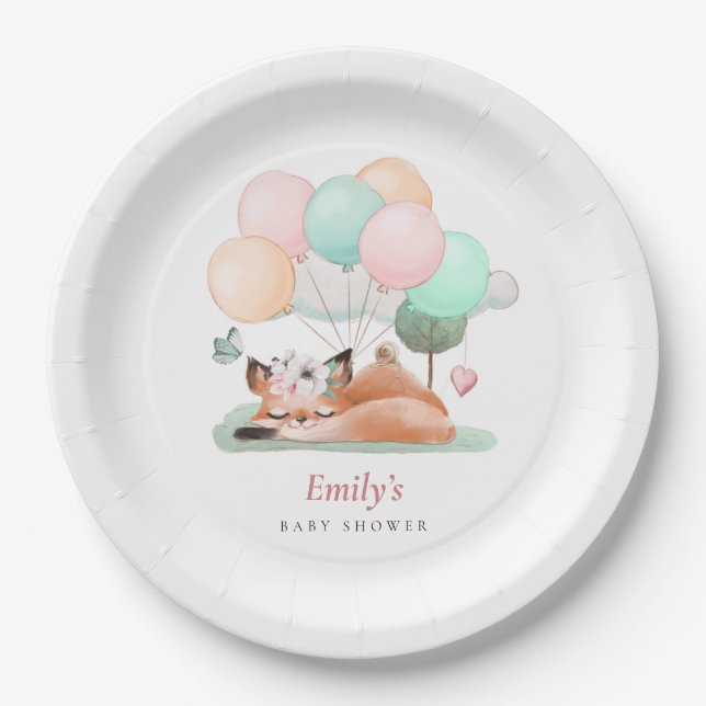 Sleeping Fox Balloons Name Pink Baby Shower Paper Plates (Front)