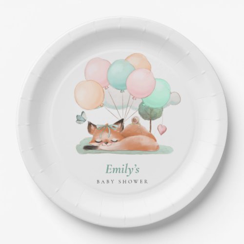 Sleeping Fox Balloons Name Teal Baby Shower Paper Plates