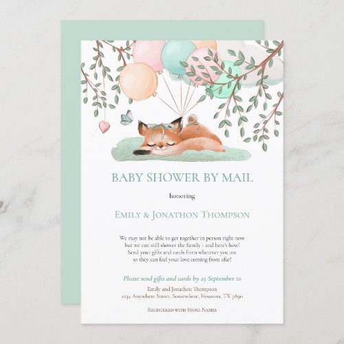 Sleeping Fox Balloons Teal Baby Shower By Mail Invitation